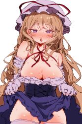 Rule 34 | 1girl, :o, bare shoulders, blonde hair, blush, breasts, cleavage, commentary request, dress, elbow gloves, gloves, hat, highres, large breasts, long hair, looking at viewer, mikan (manmarumikan), mob cap, neck ribbon, purple eyes, red ribbon, ribbon, simple background, skindentation, skirt hold, solo, strapless, strapless dress, sweat, thighhighs, touhou, very long hair, white background, white gloves, white thighhighs, yakumo yukari