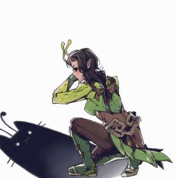 Rule 34 | 1girl, alien, antennae, black eyes, black hair, boots, brown pants, cat, cat shadow puppet (meme), dotori 012, green boots, guardians of the galaxy, korean commentary, mantis (marvel), marvel, marvel rivals, meme, on one knee, pants, pointy ears, profile, shadow, shadow puppet, solo, white background