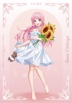 1girl :d absurdres bang_dream! bang_dream!_it's_mygo!!!!! bare_shoulders barefoot blue_eyes blush character_name chihaya_anon chinese_commentary choker collarbone commentary_request dress earrings flower full_body highres holding holding_flower holding_shoes holding_unworn_clothes jewelry long_hair looking_at_viewer musical_note mygo!!!!!_(bang_dream!) nuoweisenlin_tongren_gongzuoshi open_mouth pink_background pink_hair sandals shoes smile solo standing standing_on_one_leg sundress sunflower teeth toes tujiu_sama unworn_sandals unworn_shoes upper_teeth_only white_choker white_dress