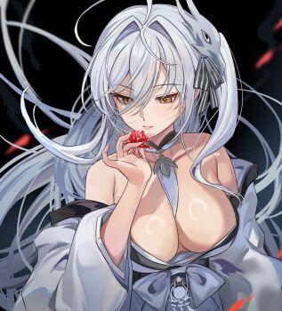 1girl ahoge ariko_(aaaaarik) azur_lane bare_shoulders between_breasts bird_mask breasts cleavage commentary floating_hair flower hair_between_eyes hair_intakes hakuhou_(azur_lane) highres holding holding_flower japanese_clothes kimono large_breasts long_hair mask mask_on_head parted_lips red_flower ribbon simple_background solo spider_lily strap_between_breasts upper_body very_long_hair white_hair wide_sleeves yellow_eyes