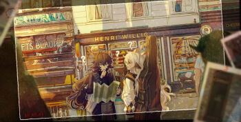 2boys 3others ? animal_ears arknights being_lost black_hair black_shirt building commentary dated ebenholz_(arknights) goat_boy goat_ears goat_horns hand_on_own_chin highres holding holding_map horns instrument_case instrument_case_on_back kreide_(arknights) long_hair male_focus map multiple_boys multiple_others outdoors photo_(object) postcard purple_eyes shirt thinking tomamo09 upper_body white_hair white_shirt window