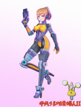 1girl 3d absurdres agent_mirai artist_name blender_(medium) blue_eyes bodysuit boots breasts brown_hair covered_erect_nipples covered_navel energy_gun full_body gloves gradient_background gun handgun headphones high_heel_boots high_heels highres holding holding_gun holding_weapon impossible_bodysuit impossible_clothes large_breasts leg_up looking_at_viewer medium_breasts mirai_(agent_mirai) multicolored_bodysuit open_mouth ponytail ray_gun short_hair simple_background skin_tight solo standing standing_on_one_leg taimanin_suit thigh_boots thighhighs umaaji_lady_mk2 weapon yellow_bodysuit