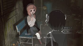 2girls bag bench black_hair black_shoes blood blood_on_clothes dialogue_options empty_eyes fake_screenshot hair_ribbon highres himonya_misaki_(samidare) lost_property_control_organization_(samidare) multiple_girls pink_hair protagonist_(lost_property_control_organization) ribbon samidare_(hoshi) school_uniform shoes trash_bag trash_can user_interface white_ribbon