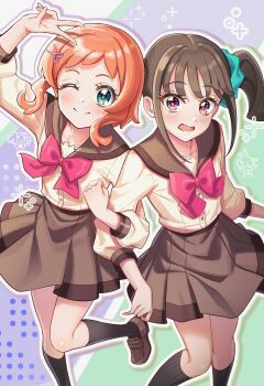 Rule 34 | ;), absurdres, aqua scrunchie, black hair, black socks, bow, bowtie, brown sailor collar, brown shoes, brown skirt, green eyes, hair ornament, hair scrunchie, hairclip, highres, inukai iroha, leg up, loafers, locked arms, long sleeves, looking at viewer, medium hair, miniskirt, nekoyashiki mayu, one eye closed, pleated skirt, precure, purple eyes, red bow, red bowtie, red hair, rice rabbit22, sailor collar, school uniform, scrunchie, second wangan school uniform, shirt, shoes, side ponytail, skirt, smile, socks, standing, standing on one leg, v, v over head, white shirt, wonderful precure!