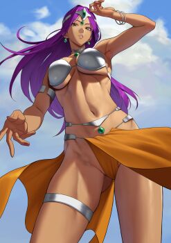 1girl absurdres armor bikini_armor bracelet breasts circlet dancer's_costume_(dq) dark-skinned_female dark_skin dragon_quest dragon_quest_iv earrings forehead_jewel from_below gem green_gem highres jewelry large_breasts loincloth long_hair manya_(dq4) metal_bikini navel orange_loincloth outdoors pelvic_curtain purple_hair silver_circlet sky solo underboob yoshio_(55level)