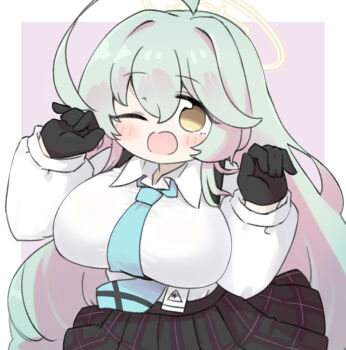 1girl ahoge black_gloves black_skirt blue_archive blue_necktie blush_stickers border breasts brown_eyes brown_hair collared_shirt gloves green_hair hair_intakes halo hands_up large_breasts long_hair long_sleeves looking_at_viewer miranofuudoria multicolored_hair necktie one_eye_closed open_mouth plaid_clothes plaid_skirt pleated_skirt puffy_long_sleeves puffy_sleeves purple_background shirt skirt solo two-tone_hair very_long_hair white_border white_shirt yume_(blue_archive)