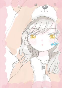 Rule 34 | 1girl, :o, animal hood, artist name, assault lily, bear hood, blush, border, brown pajamas, buttons, collarbone, commentary request, fumi (fumifumi3axl), fur-trimmed sleeves, fur trim, grey hair, hand up, highres, hood, hood up, hooded pajamas, long hair, long sleeves, looking at viewer, official alternate costume, pajamas, parted lips, pink border, sasaki ran, simple background, sleeves past fingers, sleeves past wrists, solo, teeth, transparent border, upper body, upper teeth only, white background, yellow eyes