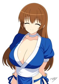 1girl ^_^ absurdres arms_behind_back artist_name blue_kimono breasts brown_hair choker cleavage closed_eyes closed_mouth dead_or_alive female_focus highres japanese_clothes kasumi_(doa) kimono large_breasts long_hair ninja noby obi pelvic_curtain revealing_clothes sash sidelocks signature simple_background smile solo standing team_ninja tecmo upper_body white_background white_choker wide_hips