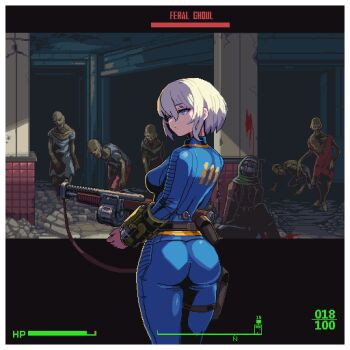 1girl 5others ass bald blood blue_eyes bob_cut border breasts commentary_request corpse e79 expressionless fallout fallout_4 feral_ghoul from_behind ghoul_(fallout) gun heads-up_display health_bar holding holding_gun holding_weapon indoors looking_to_the_side medium_breasts multiple_others pip_boy pixel_art rubble skin_tight sweatdrop torn_clothes user_interface vault_suit weapon white_border white_hair