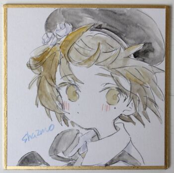 Rule 34 | 1girl, absurdres, beret, black bow, black hat, blush, bow, brown eyes, brown hair, closed mouth, collared shirt, commentary request, flower, hair flower, hair ornament, hat, hatoba tsugu, highres, photo (medium), sha2mo, shikishi, shirt, signature, solo, suspenders, traditional media, tsugu (vtuber), virtual youtuber, white flower, white shirt