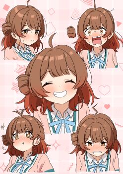 1girl :t ^_^ absurdres ahoge ahoge_wag aroon blue_ribbon blush cardigan clenched_teeth closed_eyes commentary_request cropped_torso detached_hair expressive_hair gakuen_idolmaster glaring grin hanami_ume hatsuboshi_gakuen_school_uniform heart highres idolmaster looking_at_viewer multiple_expressions multiple_views neck_ribbon nervous_sweating nose_blush pink_cardigan plaid_background ribbon school_uniform shirt smile sparkle sweat teeth upper_body white_shirt