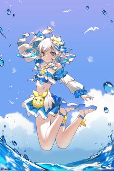 Rule 34 | 1girl, alternate costume, arm up, bikini, bird, blue bikini, blue nails, blue sky, blurry, bronya zaychik, bronya zaychik (herrscher of truth), bronya zaychik (seaside vibes), bug, butterfly, character doll, chinese commentary, closed mouth, cloud, cloudy sky, commentary request, depth of field, detached sleeves, doll, drill hair, floating, frilled bikini, frilled sleeves, frills, from behind, grey eyes, grey hair, hair between eyes, hair ornament, high heels, highres, homu (honkai impact), honkai (series), honkai impact 3rd, insect, long sleeves, looking at viewer, multicolored hair, ocean, outdoors, shade, skirt, sky, solo, stomach, streaked hair, swimsuit, thighs, too many, too many birds, twin drills, two-tone hair, water, water drop, zhaoshao wan harita