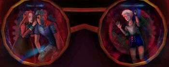 1boy 2girls absurdres against_glass aqua_eyes artist_name black_hair blue_shirt blue_shorts brown_skirt collared_shirt delta_(kyokugen_dasshutsu) diana_(kyokugen_dasshutsu) english_text eyelashes flower glasses grey_pants hair_flower hair_ornament hand_on_glass hands_on_own_legs high-waist_shorts highres kyokugen_dasshutsu lips long_hair long_sleeves multiple_girls nephtune11 open_mouth orange_hair pants phi_(kyokugen_dasshutsu) purple_flower red-tinted_eyewear red_sweater shirt short_hair short_sleeves shorts sigma_(kyokugen_dasshutsu) skirt source_quote spoilers sweater teeth tinted_eyewear upper_teeth_only very_short_hair watch white_hair white_shirt wristwatch yellow-framed_eyewear zero_escape:_toki_no_dilemma