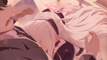 Rule 34 | 1boy, 1girl, absurdres, black bow, black hairband, black necktie, blue archive, bow, brown hair, collared shirt, commentary, english commentary, face on another's chest, floating hair, from above, grey jacket, hair bow, hairband, halo, hands up, hetero, highres, hug, jacket, k.n.q, kei (blue archive), kei (new body) (blue archive), long hair, necktie, open mouth, pink halo, rectangular halo, sensei (blue archive), shirt, surprised, white hair, white shirt