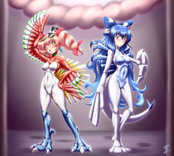 Rule 34 | 2girls, alternate costume, aozame takao, arm up, blue bodysuit, blue eyes, blue hair, blurry, blurry background, bodysuit, bow, breasts, chestnut mouth, commentary request, cosplay, covered erect nipples, covered navel, drill hair, earrings, eyewear on head, fake tail, full body, gen 2 pokemon, hair bow, hand on own hip, hat, highres, ho-oh, ho-oh (cosplay), jewelry, latex, latex bodysuit, legendary pokemon, long hair, lugia, lugia (cosplay), medium breasts, mini hat, mini top hat, multicolored bodysuit, multiple girls, nintendo, orange hair, pokemon, red bodysuit, shiny clothes, signature, skin tight, small breasts, standing, sunglasses, tail, tiptoes, top hat, touhou, variant set, very long hair, white bodysuit, yellow eyes, yorigami jo'on, yorigami shion