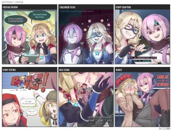 Rule 34 | 6+girls, blonde hair, blue eyes, carole reaper, carrying, english text, headband, heaven burns red, highres, irene redmayne, maria de angelis, mask, mask on head, matsuoka chiroru, multiple girls, pink hair, princess carry, red eyes, sharktriggers, yuri
