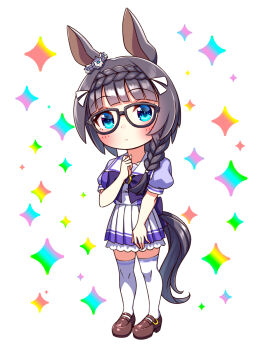 1girl animal_ears black-framed_eyewear black_hair blue_eyes blush bow bowtie braid braided_ponytail breasts chibi chibi_only closed_mouth commentary_request crown_braid ear_ornament full_body glasses highres horse_ears horse_girl horse_tail large_breasts long_hair looking_at_viewer pleated_skirt puffy_short_sleeves puffy_sleeves purple_bow purple_bowtie purple_shirt sailor_collar sailor_shirt school_uniform shirt shoes short_sleeves skirt solo sugimotty_nova tail thighhighs tracen_school_uniform umamusume white_sailor_collar white_skirt white_thighhighs zenno_rob_roy_(umamusume) zettai_ryouiki