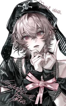 Rule 34 | 1boy, absurdres, androgynous, animal ear hairband, animal ears, arm warmers, bare shoulders, black hair, black shirt, bound, bound wrists, braid, chain, chain necklace, closed mouth, commentary, commission, crossed bangs, earrings, face piercing, fake animal ears, grey shirt, hairband, hashtag-only commentary, hat, hejian zzz, highres, index finger raised, jewelry, layered shirt, lip piercing, looking at viewer, male focus, medium hair, messy hair, mole, mole under eye, multicolored hair, necklace, off-shoulder shirt, off shoulder, original, piercing, pink eyes, pink hair, pink ribbon, rabbit ears, ribbon, shirt, side braid, skull and crossbones, solo, symbol-only commentary, tearing up, two-tone hair, upper body, white background