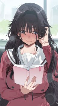 Rule 34 | 1girl, absurdres, black hair, black hairband, blurry, blush, bokeh, book, breasts, closed mouth, depth of field, hair intakes, hairband, hews, highres, holding, holding book, kaoru hana wa rin to saku, large breasts, long hair, looking to the side, nose blush, open book, pink serafuku, purple eyes, sailor collar, school uniform, serafuku, solo, stray pubic hair, sweat, waguri kaoruko, white sailor collar