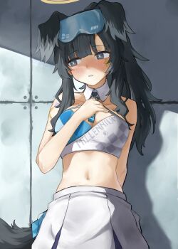 1girl animal_ears bare_shoulders black_hair blue_archive blush breasts cheerleader crop_top dog_ears dog_girl dog_tail eyewear_on_head facial_mark goggles goggles_on_head halo hibiki_(blue_archive) hibiki_(cheer_squad)_(blue_archive) highres long_hair looking_to_the_side medium_breasts midriff millennium_cheerleader_outfit_(blue_archive) navel official_alternate_costume parted_lips pom_pom_(cheerleading) skirt solo star_(symbol) star_facial_mark star_sticker sticker sticker_on_face stomach ta_ta_tap tail white_skirt yellow_halo