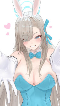 1girl animal_ears asuna_(blue_archive) asuna_(bunny)_(blue_archive) asymmetrical_bangs blue_archive blue_bow blue_bowtie blue_halo blue_leotard blue_ribbon bow bowtie breasts commentary_request detached_collar fake_animal_ears gloves hair_over_one_eye halo heart highres leotard looking_at_viewer mole mole_on_breast official_alternate_costume outstretched_arms playboy_bunny rabbit_ears ribbon smile strapless strapless_leotard traditional_bowtie white_background white_gloves yu_soft029