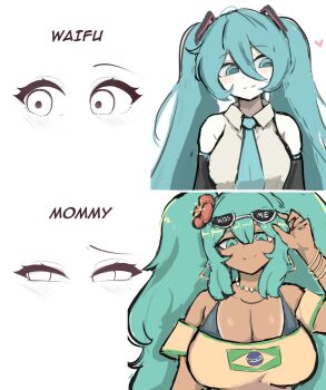 2girls bare_shoulders bikini black_bikini blue_eyes blue_hair blue_necktie blush brazilian_flag brazilian_flag_print brazilian_miku breasts cleavage closed_mouth commentary comparison dark-skinned_female dark_skin dual_persona earrings english_commentary english_text flag_print flower hair_between_eyes hair_flower hair_ornament hatsune_miku heart highres jewelry large_breasts long_hair looking_at_viewer m3link meme multiple_girls necktie shirt sleeveless sleeveless_shirt smile swimsuit tan twintails vocaloid waifu_or_mommy_(meme)