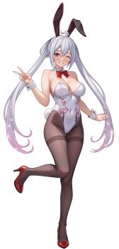 1girl ;d absurdres ahoge animal_ears bare_shoulders blush bow bowtie breasts brown_pantyhose cleavage clenched_teeth colored_tips commentary commission covered_navel detached_collar english_commentary fake_animal_ears full_body gluteal_fold grey_hair hair_between_eyes hair_rings hand_up high_heels highleg highleg_leotard highres large_breasts leotard long_hair looking_at_viewer matoi_(pso2) multicolored_hair one_eye_closed open_mouth pantyhose phantasy_star phantasy_star_online_2 playboy_bunny print_leotard rabbit_ears rabbit_tail red_bow red_bowtie red_eyes red_shoes shoes simple_background smile solo standing standing_on_one_leg strapless strapless_leotard tail teeth thigh_gap twintails v very_long_hair vodka13 white_background white_leotard white_wrist_cuffs wrist_cuffs