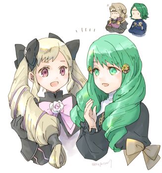 2boys 2girls black_bow black_gloves blonde_hair bow brother_and_sister circlet closed_mouth crossed_arms elise_(fire_emblem) fire_emblem fire_emblem:_three_houses fire_emblem_fates flayn_(fire_emblem) gloves green_eyes green_hair hair_bow hair_ornament long_hair long_sleeves multicolored_hair multiple_boys multiple_girls nintendo open_mouth pink_bow purple_eyes purple_hair robaco seteth_(fire_emblem) short_hair siblings simple_background smile twintails twitter_username white_background xander_(fire_emblem)