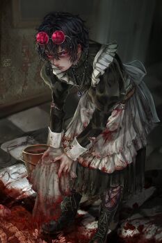 1boy alternate_costume apron black_boots black_dress black_hair blood blood_drip blood_splatter bloody_handprints boots bucket cross cross_earrings double-parted_bangs dress earrings enmaided eyewear_on_head full_body glaring hair_between_eyes handprint highres holding holding_bucket implied_murder indie_virtual_youtuber intestines jewelry looking_at_viewer maid male_focus messy_hair necklace organs pantyhose parted_lips red-tinted_eyewear short_hair slouching solo tile_floor tiles tinted_eyewear torn_clothes torn_dress torn_pantyhose white_apron wormudon xwounds