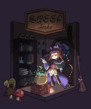 1girl animal_ears black_boots black_hat black_necktie black_robe book book_stack bookshelf boots broom cauldron character_name closed_eyes door erlenmeyer_flask flask fly_agaric full_body gloves hair_rings hat highres horse_ears horse_girl index_finger_raised michelle_kim mushroom necktie purple_background red_sweater_vest robe simple_background skirt smile solo sweater_vest sweep_tosho_(platanus_witch)_(umamusume) sweep_tosho_(umamusume) twintails umamusume white_gloves white_skirt witch witch_hat