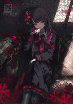 1girl artist_name biting biting_glove black_hair black_pantyhose black_shirt black_skirt blood blood_on_gloves bloody_weapon bug butterfly closed_mouth commentary_request couch crossed_legs dark_room flower gloves hair_flower hair_ornament hand_up highres inamori_ryusa indoors insect long_hair long_sleeves looking_at_viewer mahou_shoujo_no_majo_saiban necktie nikaido_hiro on_couch pantyhose pleated_skirt red_butterfly red_eyes red_flower red_necktie shirt sitting skirt solo spider_lily sword weapon window_shadow