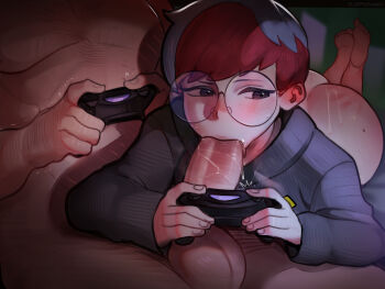 1boy 1girl ass blue_hair bottomless censored clothed_female_nude_male controller fellatio female_focus fluffydango freckles game_console game_controller glasses grey_eyes hetero highres holding holding_controller hood hoodie large_penis mosaic_censoring multicolored_hair nintendo nude oral penis penny_(pokemon) playing_games playstation_4 playstation_controller pokemon pokemon_sv red_hair round_eyewear saliva short_hair sitting spanked testicles two-tone_hair