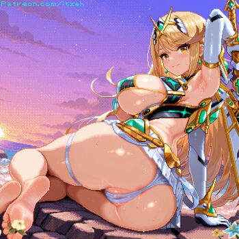 1girl anus anus_peek armpits bikini blonde_hair breasts cleavage holding holding_sword holding_weapon itzah large_breasts long_hair microskirt mythra_(xenoblade) ocean panties pixel_art skirt solo sunset swimsuit sword tiara underwear weapon white_bikini white_panties white_skirt xenoblade_chronicles_(series) xenoblade_chronicles_2 yellow_eyes