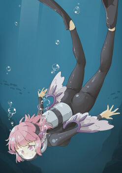1girl air_bubble alternate_costume arnest ass black_wetsuit bodysuit breasts bubble closed_mouth commentary_request commission diving diving_mask diving_suit flippers goggles highres long_sleeves mystia_lorelei oxygen_tank pink_eyes pink_hair scuba scuba_gear scuba_tank skeb_commission smile solo touhou underwater wetsuit