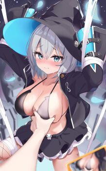 1 1boy 1girl absurdres arms_up bandages bdsm blue_eyes blurry blurry_background blush bondage bound bra breasts cellphone diamond-shaped_pupils diamond_(shape) dress elegant_(sumisumi4268) embarrassed gloves grey_hair hat highres large_breasts leg_tattoo phone pov pov_cheek_grabbing_(meme) skirt sleeves_past_wrists sweat symbol-shaped_pupils tattoo underwear witch_hat