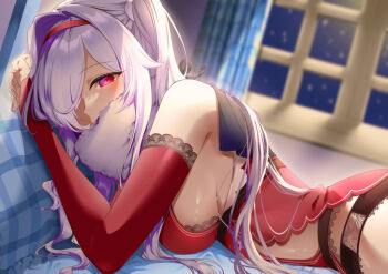 azur_lane breasts christmas colorado_(azur_lane) detached_sleeves ebifurai_daisuki_man hair_over_one_eye hairband indoors large_breasts light_blush long_hair looking_at_viewer lying night on_bed on_stomach pillow red_eyes red_hairband santa_costume scarf sideboob white_hair white_scarf