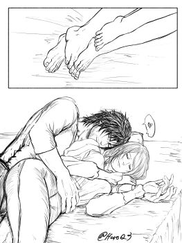 1boy 1girl arm_around_waist barefoot beard_stubble black_hair breasts clive_rosfield closed_eyes closed_mouth couple cuddling facial_hair final_fantasy final_fantasy_xvi grey_hair greyscale hair_between_eyes heart hetero highres holding_hands horoq3 hug hug_from_behind jill_warrick medium_breasts monochrome on_bed pants shared_speech_bubble shirt short_hair sketch speech_bubble spoken_heart stubble swept_bangs twintails white_shirt