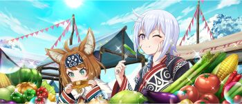 +_+ 2girls :3 :t ahoge ainu_clothes animal_ear_fluff animal_ears asparagus bead_necklace beads bell_pepper black_kimono blue_headband blue_sky blush brown_hair cabbage chewing chili_pepper chris_(konosuba) cloud corn corn_cob day earrings eating eggplant food fork fur-trimmed_kimono fur_trim game_cg green_eyes hand_on_own_cheek hand_on_own_face headband highres holding holding_corn holding_fork hoop_earrings japanese_clothes jewelry kimono kono_subarashii_sekai_ni_shukufuku_wo! konosuba!_fantastic_days lens_flare miia_(konosuba) multiple_girls necklace nibbling official_art one_eye_closed outdoors print_headband print_kimono pumpkin purple_eyes purple_hair short_eyebrows sky sparkle string_of_flags sun third-party_source tomato vegetable