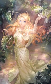 1girl aphrodia_(shining_nikki) artist_request bare_shoulders basket blonde_hair blue_eyes breasts cleavage cleavage_cutout closed_mouth clothing_cutout collarbone day dress eyelashes floating_hair food food-themed_hair_ornament fruit fruit_earrings fruit_hat_ornament full_body gold_necklace grape_earrings grape_hair_ornament grapes greco-roman_clothes green_dress hair_ornament happy highres holding holding_basket jewelry lace_arm_warmers light_particles light_rays lipstick long_dress long_hair looking_at_viewer luxurious_feast_(shining_nikki) makeup mole mole_under_eye necklace nikki_(series) official_alternate_color official_art outdoors path picking_fruit red_lips road shining_nikki sidelocks sleeveless sleeveless_dress smile solo sparkle standing sunlight vineyard wavy_hair white_arm_warmers