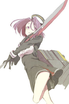 Rule 34 | 1girl, abara heiki, black dress, black gloves, black shoes, bloom, breasts, commentary request, contrapposto, dot nose, dress, eyes visible through hair, floating hair, glaive (polearm), gloves, grin, hair between eyes, halo, hand up, hatching (texture), holding, holding polearm, holding weapon, kantai collection, leg up, long hair between eyes, long sleeves, looking at viewer, mechanical halo, medium breasts, parted bangs, polearm, purple eyes, purple hair, rigging, shoes, short dress, short hair, simple background, smile, solo, tatsuta (kancolle), thighs, turning head, underbust, weapon, white background, woven hatching