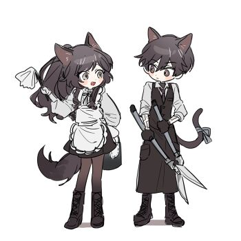 1boy 1girl animal_ears apron bandaid blush_stickers boots brown_apron brown_eyes brown_footwear brown_gloves brown_hair brown_necktie brown_tail brown_vest bucket closed_mouth duster fang feather_duster full_body gardening_shears gloves long_hair looking_at_another maid_apron necktie ok_o_o open_mouth original pantyhose shirt short_hair simple_background smile vest white_apron white_background white_shirt