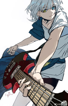 Rule 34 | 1girl, bang dream!, bang dream! it's mygo!!!!!, black shorts, blue eyes, chinese commentary, commentary request, earrings, electric guitar, guitar, guitar strap, heterochromia, highres, holding, holding guitar, holding instrument, holding plectrum, instrument, jewelry, kaname raana, plectrum, ryow 6, shirt, short hair, shorts, simple background, solo, white background, white hair, white shirt, yellow eyes