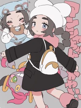 1girl absurdres ansha_(pokemon) backpack bag black_coat black_shoes blush brown_hair clenched_hands closed_mouth coat commentary_request donut eating eyelashes food gen_6_pokemon grey_eyes hat highres hoopa hoopa_(confined) leg_warmers legendary_pokemon long_hair long_sleeves looking_back mitarashi_(riku1013pm) multiple_views mythical_pokemon nintendo pink_leg_warmers pokemon pokemon_legends:_z-a shoes smile white_bag white_hat