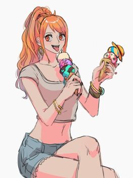 Rule 34 | 1girl, bracelet, commentary, crop top, crossed legs, earrings, food, hdksz 39, highres, holding, holding food, holding ice cream, hoop earrings, ice cream, jewelry, looking to the side, nami (one piece), one piece, orange hair, ponytail, shirt, shorts, sitting, smile, solo, symbol-only commentary, tongue, tongue out, white shirt