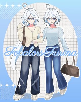 Rule 34 | 2girls, absurdres, ahoge, alternate costume, bag, black camisole, blue eyes, blue hair, blue pants, blue shirt, blue streaks, camisole, cardigan, character name, commentary request, denim, drop-shaped pupils, focalors (genshin impact), full body, furina (genshin impact), genshin impact, handbag, heterochromia, highres, holding, holding bag, jeans, jewelry, long hair, looking at viewer, mismatched pupils, multicolored hair, multiple girls, necklace, omumu (omumu01), pants, partial commentary, see-through clothes, see-through shirt, shirt, shoes, short hair, smile, standing, streaked hair, symbol-shaped pupils, white hair, white shirt, white shoes, yellow cardigan