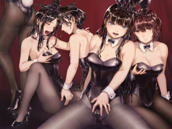 5girls absurdres animal_ears black_hair black_leotard black_pantyhose blue_eyes breasts brown_eyes brown_hair cleavage clitoral_stimulation_through_clothing closed_eyes closed_mouth collage fake_animal_ears fake_tail fine_fabric_emphasis highres large_breasts leotard long_hair medium_breasts multiple_girls open_mouth original pantyhose playboy_bunny rabbit_ears rabbit_tail red_background short_hair sidelocks spread_legs tail takekawa_shin white_wrist_cuffs wrist_cuffs yuri