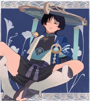 1boy animal animal_on_shoulder arms_at_sides belt bird bird_on_shoulder black_belt black_bodysuit black_bow black_hair black_sandals black_shorts blue_background blue_cape blue_gemstone blue_kimono blue_sleeves blunt_ends bodysuit border bow cape closed_mouth eyeliner eyeshadow feathers finch gem genshin_impact gold grey_eyes grey_hat hakama hakama_shorts hat highres japanese_clothes jingasa juban kimono knees_apart_feet_together layered_sleeves leg_warmers looking_at_animal makeup male_focus mandarin_collar one_eye_closed open_clothes open_kimono pleated_shorts pom_pom_(clothes) purple_rope purple_sash red_eyeliner red_eyeshadow rope sandals sash scaramouche_(genshin_impact) short_sleeves shorts shoulder_peek sitting solo stirrup_legwear tassel toeless_legwear vision_(genshin_impact) wanderer_(genshin_impact) white_border white_kimono white_leg_warmers white_sleeves white_trim wispy_bangs yellow_feathers yourlocalwalnut zouri