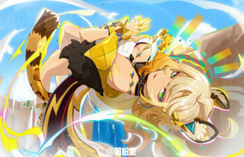 Rule 34 | 1girl, animal ears, blonde hair, bracelet, breasts, chinese commentary, cleavage, commentary request, day, fur trim, genshin impact, green eyes, jewelry, leopard ears, leopard girl, leopard tail, looking at viewer, lying, medium breasts, multicolored hair, on back, ring, sky, smile, solo, tail, tiger ears, tiger girl, tiger tail, xilonen (genshin impact), yaoshine