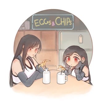 2girls bar_(place) bare_shoulders black_gloves black_hair blurry blurry_background blush closed_mouth commentary counter crop_top cup dual_persona earrings elbow_gloves elbow_rest english_commentary final_fantasy final_fantasy_vii final_fantasy_vii_ever_crisis final_fantasy_vii_remake flower gloves hands_on_own_cheeks hands_on_own_face indoors jewelry linono long_hair looking_at_flowers multiple_girls plant potted_plant red_eyes single_earring swept_bangs tank_top tifa_lockhart upper_body white_tank_top yellow_flower