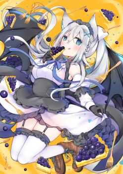 Rule 34 | 1girl, animal ears, bat wings, black gloves, blue eyes, breasts, cake, cake slice, cat ears, cat girl, cheesecake, commentary request, detached sleeves, food, fork, frilled thighhighs, frills, garter straps, gloves, hair between eyes, hair ornament, highres, long hair, looking at viewer, medium breasts, original, ponytail, satsuki mayuri, solo, spoon, thighhighs, white thighhighs, wings, x hair ornament
